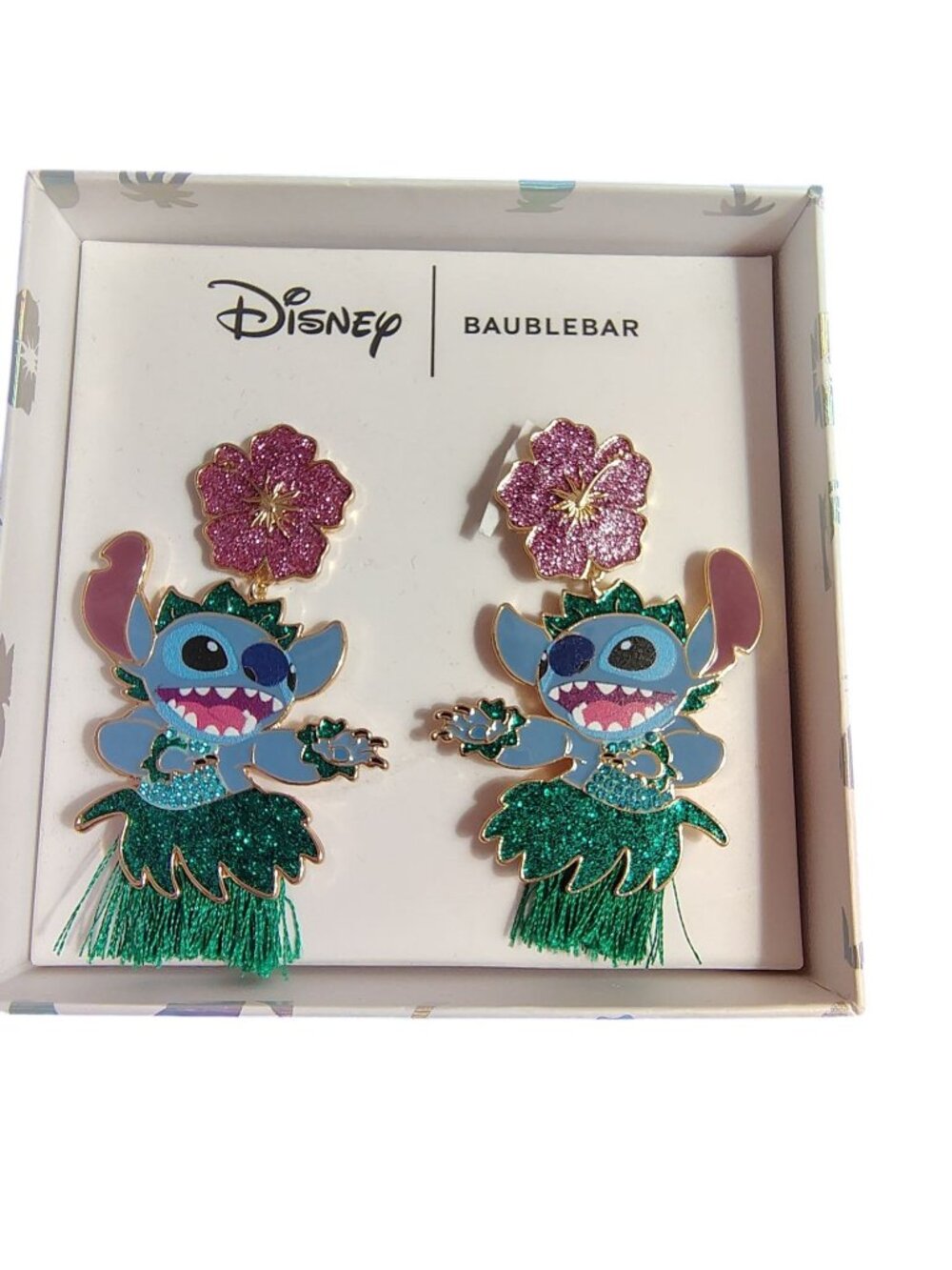 New Baublebar Disney Stitch Dangle Earrings Hula Hibiscus Dancing, In Box, 3"